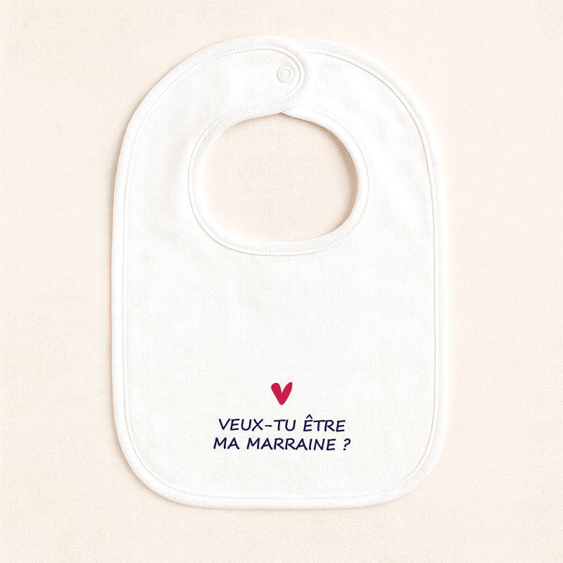 Bavoir bébé blanc en coton doux avec texte imprimé personnalisable, fermeture pratique au cou.