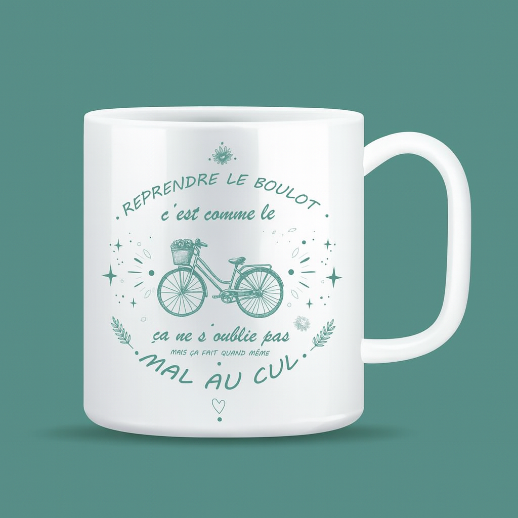 Mug blanc en céramique avec inscription humoristique "Le boulot c’est comme le vélo...", idée cadeau originale pour collègues et bureau.