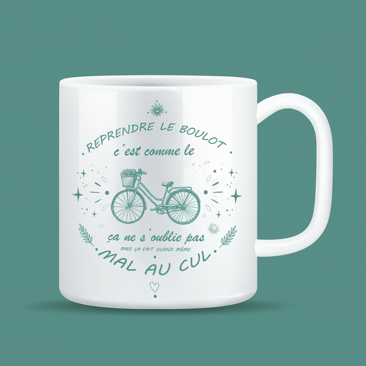 Mug blanc en céramique avec inscription humoristique "Le boulot c’est comme le vélo...", idée cadeau originale pour collègues et bureau.