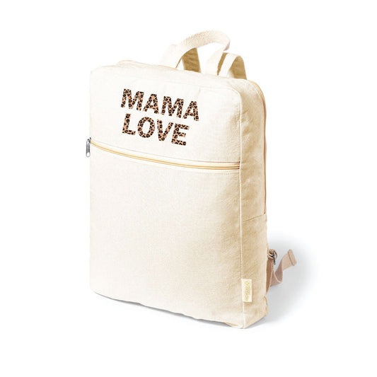 Sac à dos en coton recyclé avec compartiment principal, poche avant zippée et inscription MAMA LOVE motif léopard.