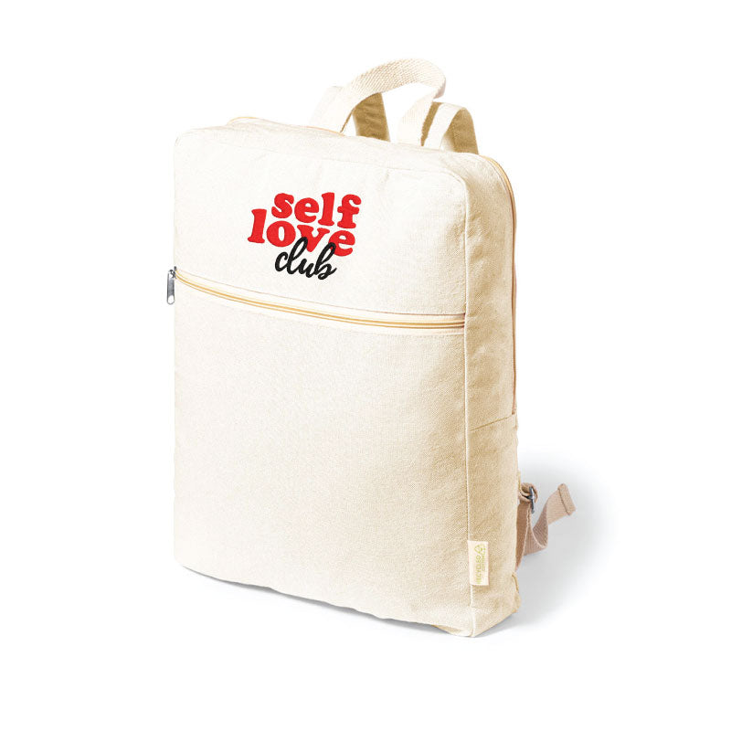 Sac à dos en coton recyclé avec compartiment principal, poche avant zippée et inscription colorée SELF LOVE CLUB.