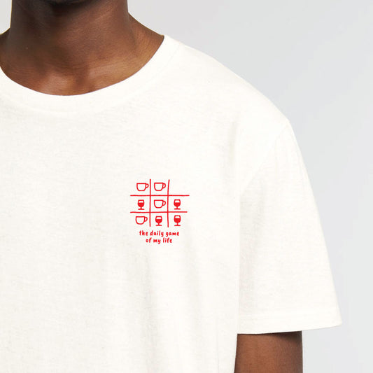 T-shirt en coton blanc avec inscription humoristique Vin vs Café, coupe décontractée homme.