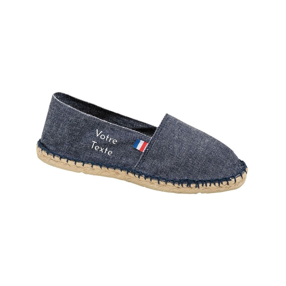 Espadrilles unisexes personnalisées Made in France – impression de texte sur le côté, toile 100 % coton, semelles en jute et caoutchouc jean.
