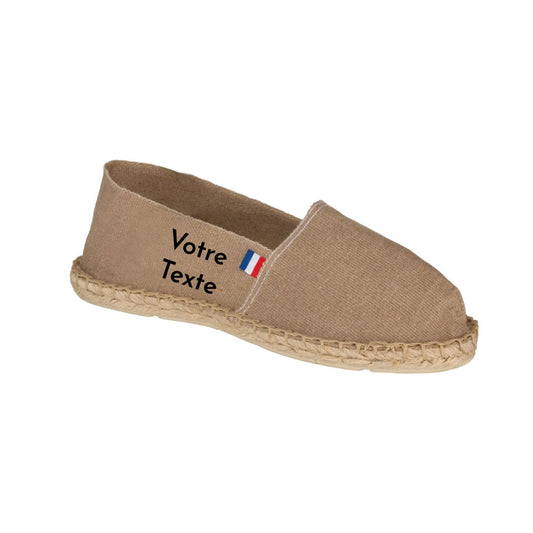 Espadrilles unisexes personnalisées Made in France – impression de texte sur le côté, toile 100 % coton, semelles en jute et caoutchouc sable.