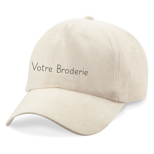 Casquette beige personnalisée en broderie – coton épais, ajustable, unisexe, message brodé sur le devant.