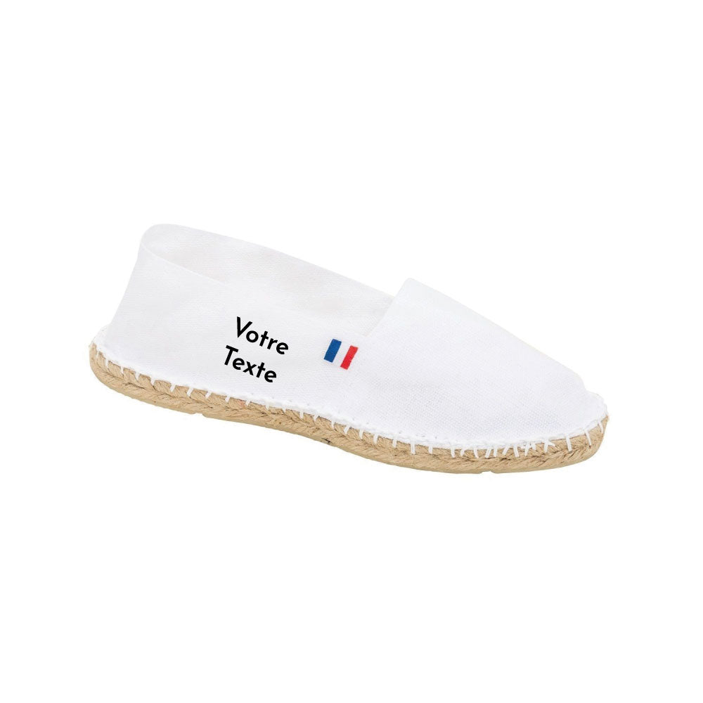 Espadrilles unisexes personnalisées Made in France – impression de texte sur le côté, toile 100 % coton, semelles en jute et caoutchouc blanc.