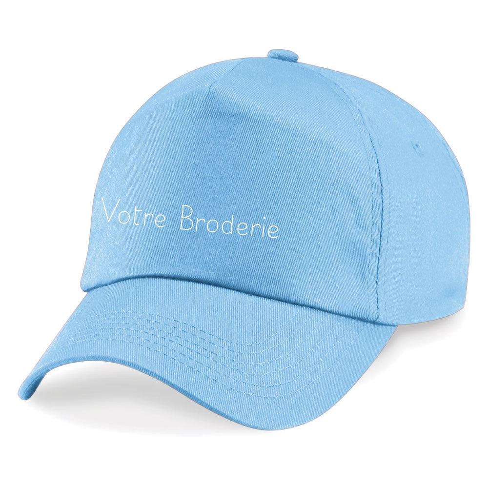Casquette bleu personnalisée en broderie – coton épais, ajustable, unisexe, message brodé sur le devant.