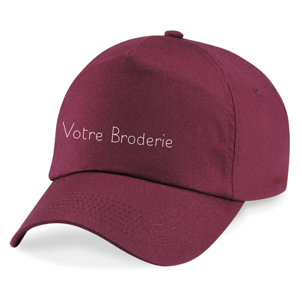 Casquette bordeaux personnalisée en broderie – coton épais, ajustable, unisexe, message brodé sur le devant.