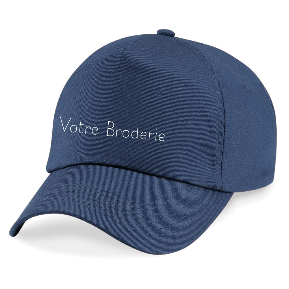 Casquette marine personnalisée en broderie – coton épais, ajustable, unisexe, message brodé sur le devant.