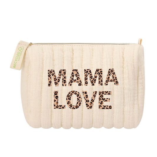Trousse en coton recyclé matelassé avec doublure, fermeture zippée et inscription MAMA LOVE motif léopard.